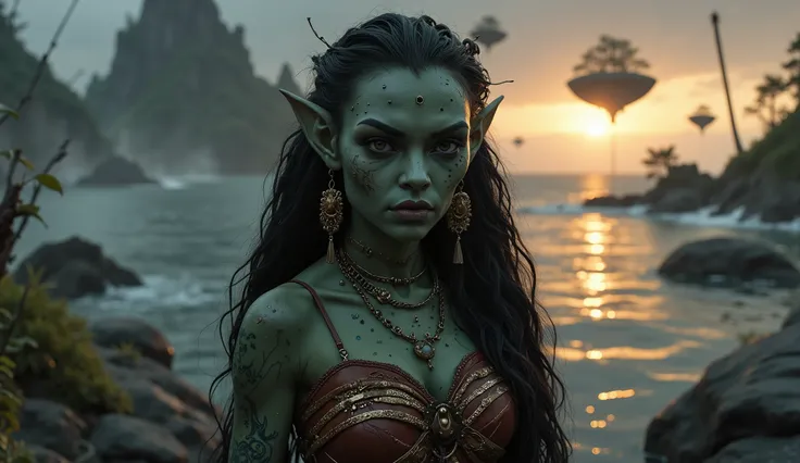 view from height,full-body-shot,obsidian The Alien Entity, half-Moana, sassiness temper,natural leather textures, hyper realisitc, hyper detailed,Extremely detailed,High contrast, ,Realistic,Ultra Detailed,intricate details,realistic humid skin,extremely i...