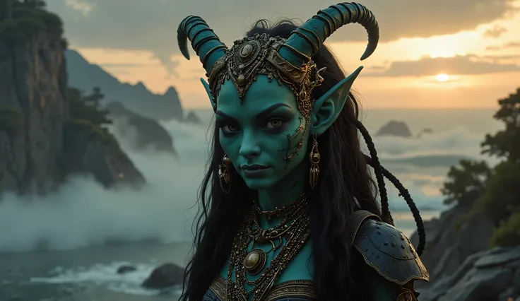 view from height,full-body-shot,obsidian The Alien Entity, half-Moana, sassiness temper,natural leather textures, hyper realisitc, hyper detailed,Extremely detailed,High contrast, ,Realistic,Ultra Detailed,intricate details,realistic humid skin,extremely i...