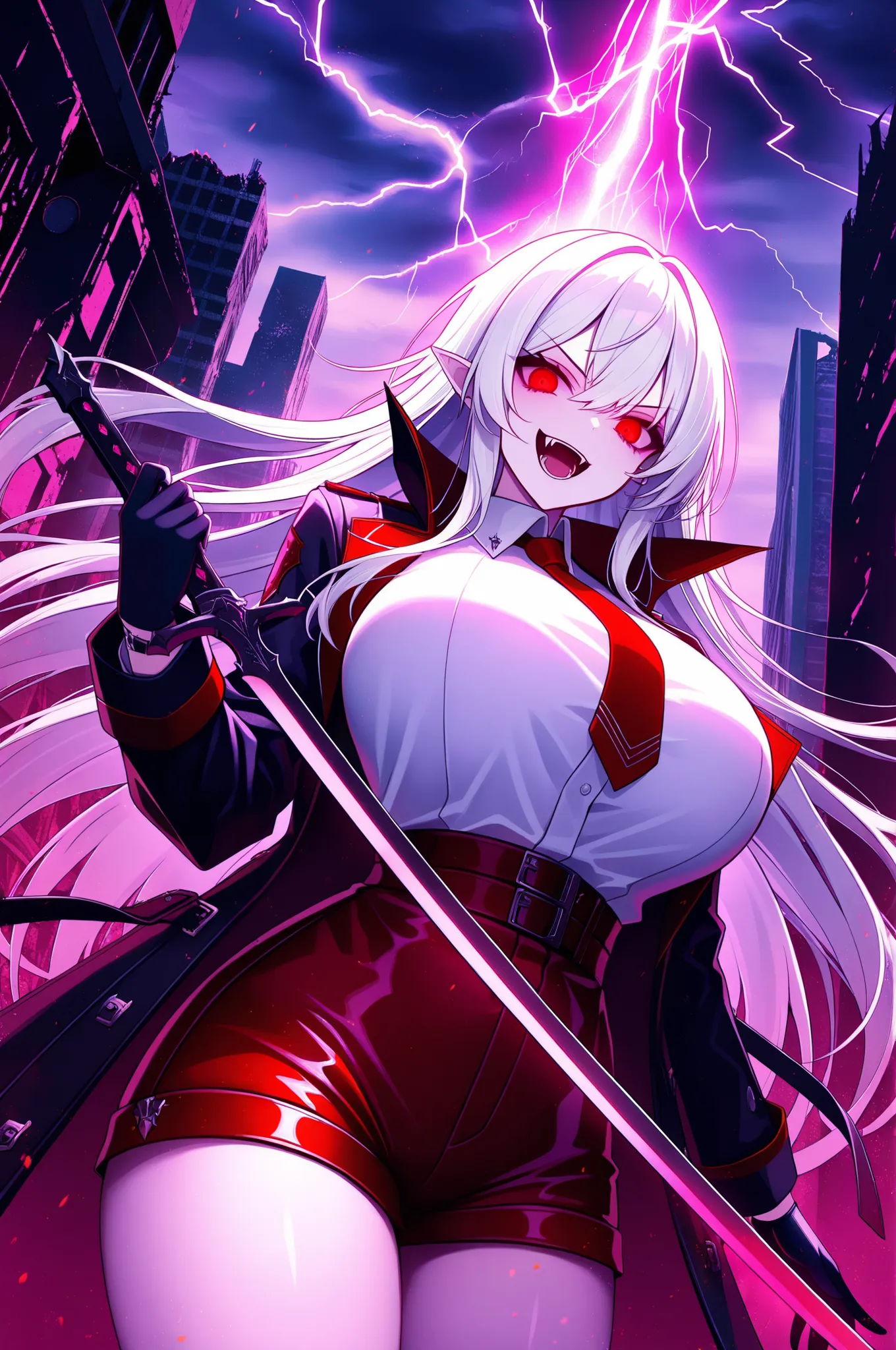 long white hair, vampire, glowing red eyes, uniform, white shirt, tie, red shorts, holding sword, 1girl, solo, vampire fangs, huge breasts, ruined futuristic city, dystopia, lightning storm, pink lighting, volumetric lighting, cinematic lighting, masterpi...