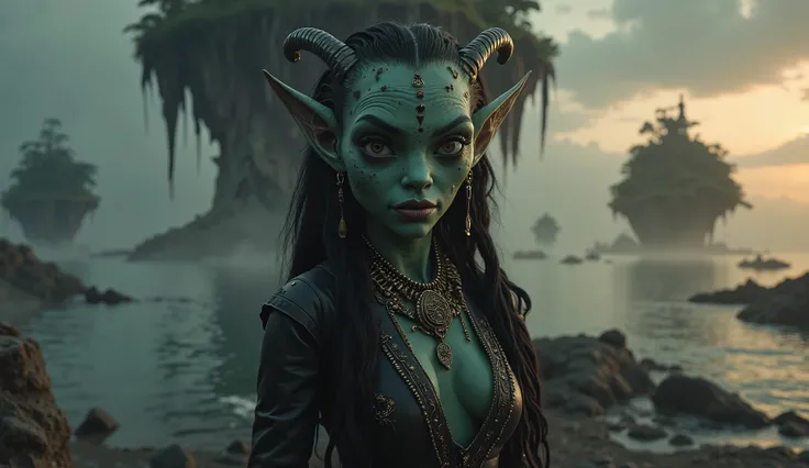view from height,full-body-shot,obsidian The Alien Entity, half-Moana, sassiness temper,natural leather textures, hyper realisitc, hyper detailed,Extremely detailed,High contrast, ,Realistic,Ultra Detailed,intricate details,realistic humid skin,extremely i...