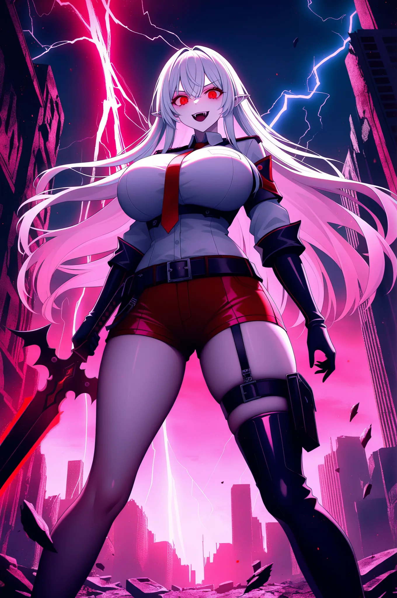 long white hair, vampire, glowing red eyes, uniform, white shirt, tie, red shorts, holding sword, 1girl, solo, vampire fangs, huge breasts, ruined futuristic city, dystopia, lightning storm, pink lighting, volumetric lighting, cinematic lighting, masterpi...