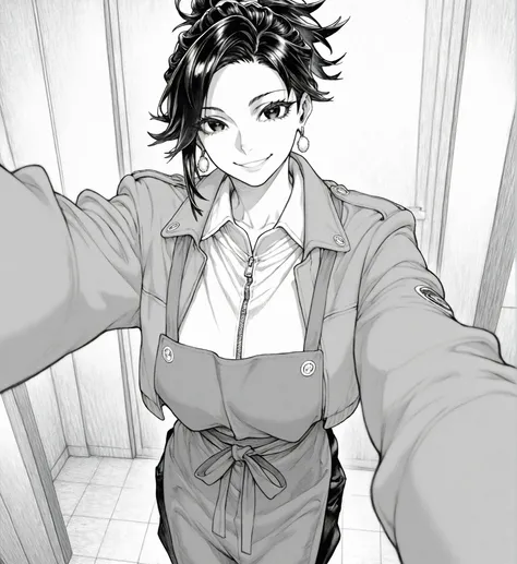 1girl, solo, v, smile, looking at viewer, selfie, 
black hair, black eyes, short hair, ponytail, earrings, apron, jacket, collared jacket, white shirt, pants
masterpiece, best quality,  atucag, monochrome, greyscale,  rehlap