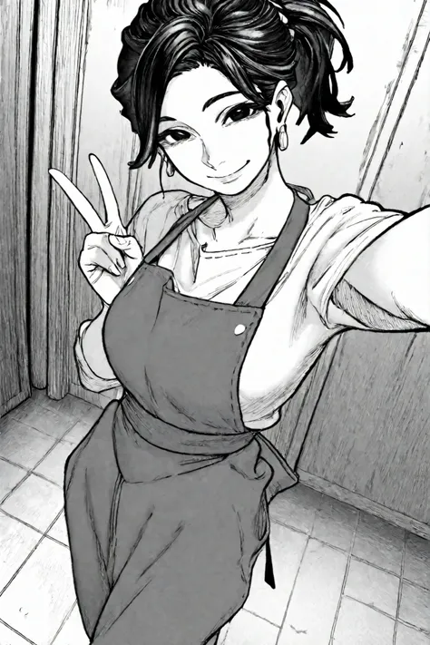 1girl, solo, v, smile, looking at viewer, selfie, 
black hair, black eyes, short hair, ponytail, earrings, apron, white shirt, pants, milf
masterpiece, best quality,  atucag, monochrome, greyscale, 