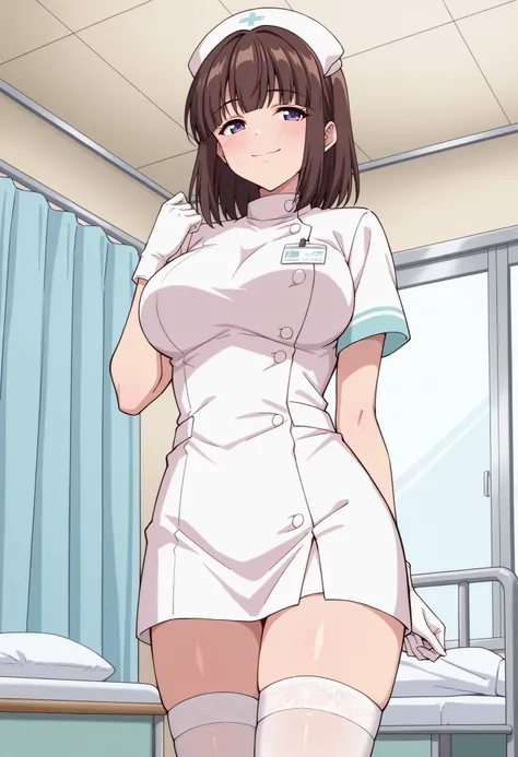 Score_9, score_8_up, score_7_up, source_anime, saionji_cnr, solo, brown hair, short hair, purple eyes, large breasts, (best quality), (high quality), {masterpiece}, extremely delicate and beautiful, ultra-detailed, beautiful detailed eyes, nurse, nurse hat...