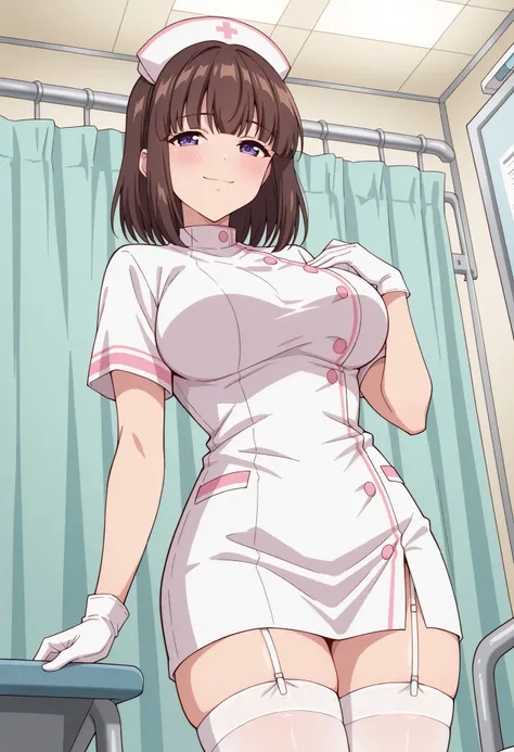 Score_9, score_8_up, score_7_up, source_anime, saionji_cnr, solo, brown hair, short hair, purple eyes, large breasts, (best quality), (high quality), {masterpiece}, extremely delicate and beautiful, ultra-detailed, beautiful detailed eyes, nurse, nurse hat...