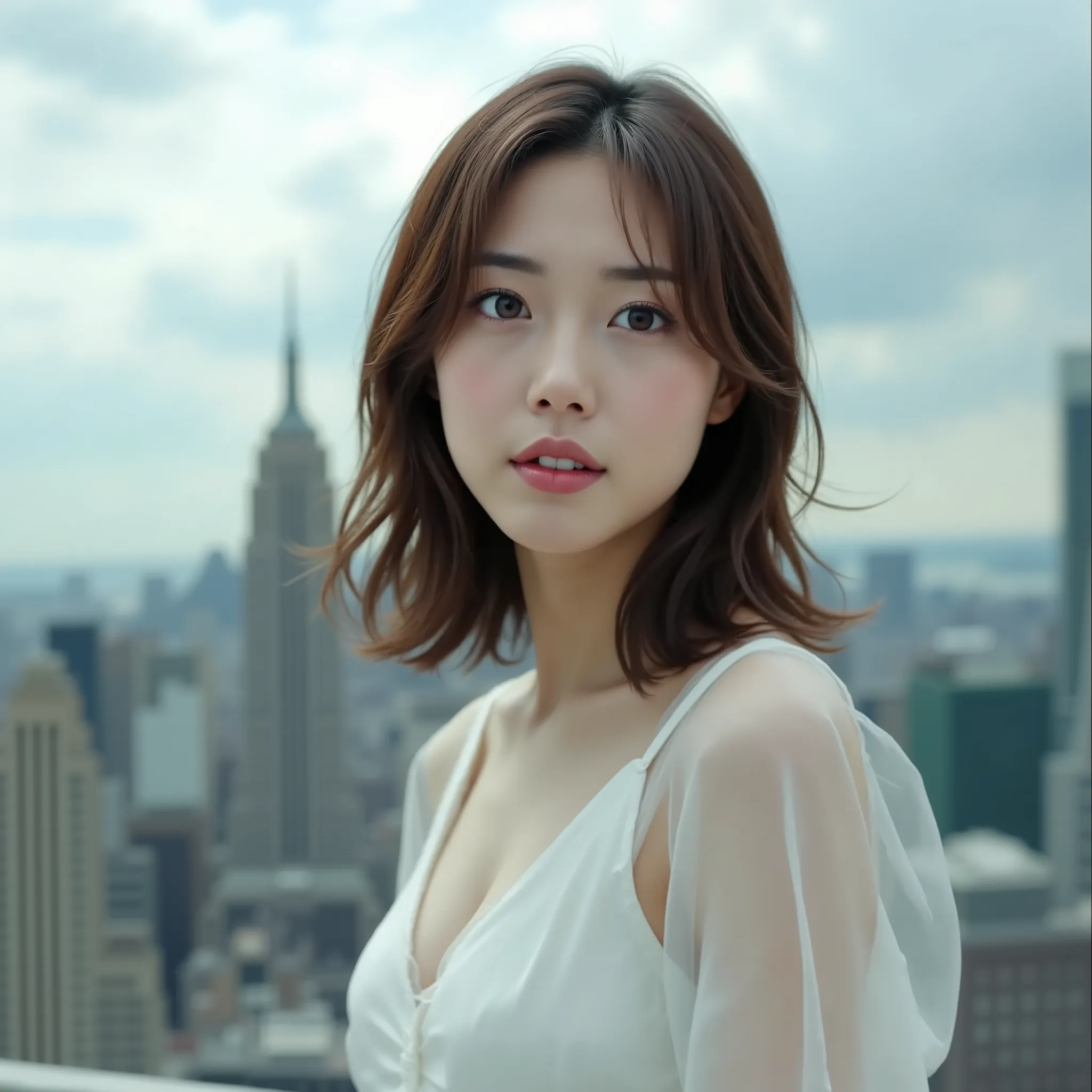  (Japanese Top Idol:1.5), Slim, white dress, She's Falling from a High Bridge, jumping off the roof of a skyscraper, She Descends While Staring at the Camera, (A very attractive young woman in a red ZAKU mobile suit on a slightly remote background:1.2), BR...