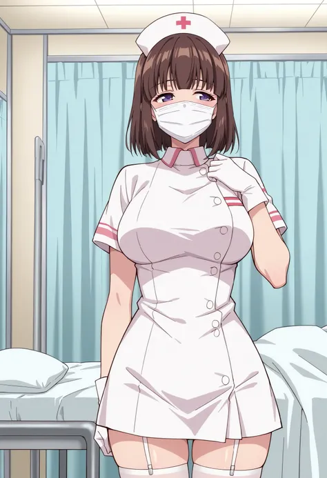 Score_9, score_8_up, score_7_up, source_anime, saionji_cnr, solo, brown hair, short hair, purple eyes, large breasts, (best quality), (high quality), {masterpiece}, extremely delicate and beautiful, ultra-detailed, beautiful detailed eyes, nurse, nurse hat...