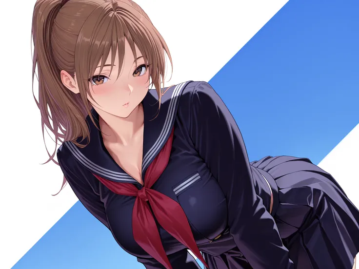 solo,masterpiece,best quality, amazing quality, highres, absurdres, very aesthetic, high resolution, ultra detailed, perfect details,kitaoojis,brown eyes,brown hair, long hair,ponytail,school uniform,black seifuku,long sleeves,neckerchef,skirt,(masterpiece...