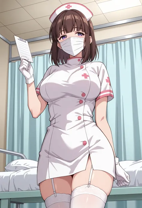 Score_9, score_8_up, score_7_up, source_anime, saionji_cnr, solo, brown hair, short hair, purple eyes, large breasts, (best quality), (high quality), {masterpiece}, extremely delicate and beautiful, ultra-detailed, beautiful detailed eyes, nurse, nurse hat...