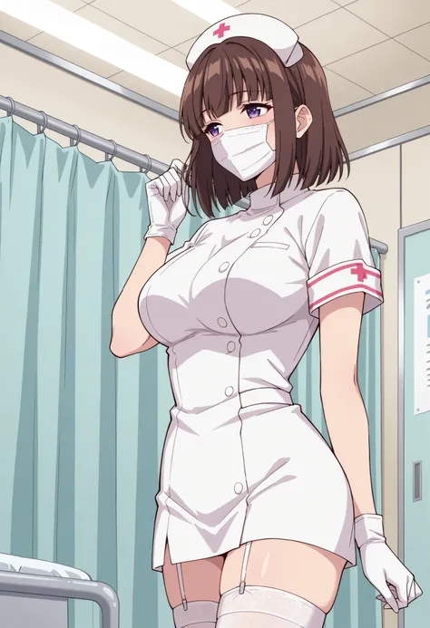 Score_9, score_8_up, score_7_up, source_anime, saionji_cnr, solo, brown hair, short hair, purple eyes, large breasts, (best quality), (high quality), {masterpiece}, extremely delicate and beautiful, ultra-detailed, beautiful detailed eyes, nurse, nurse hat...