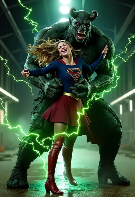 Melissa Benoist as Supergirl, fighting with a strong fierce devil, she is screaming in pain, her arms tied behind her back with green lighting chain, she is wearing a Supergirl costume, blue shirt and very short skirt, red high boots, she is attacked from ...