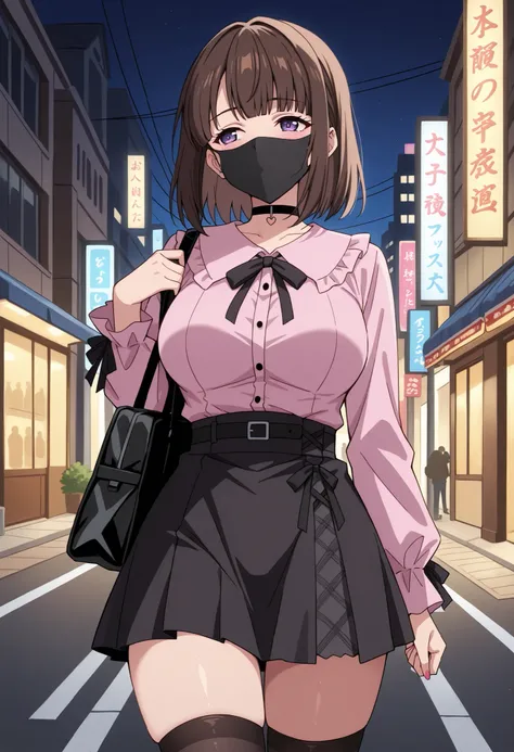 Score_9, score_8_up, score_7_up, source_anime, saionji_cnr, solo, brown hair, short hair, purple eyes, large breasts, (best quality), (high quality), {masterpiece}, extremely delicate and beautiful, ultra-detailed, beautiful detailed eyes, jirai kei, pink ...