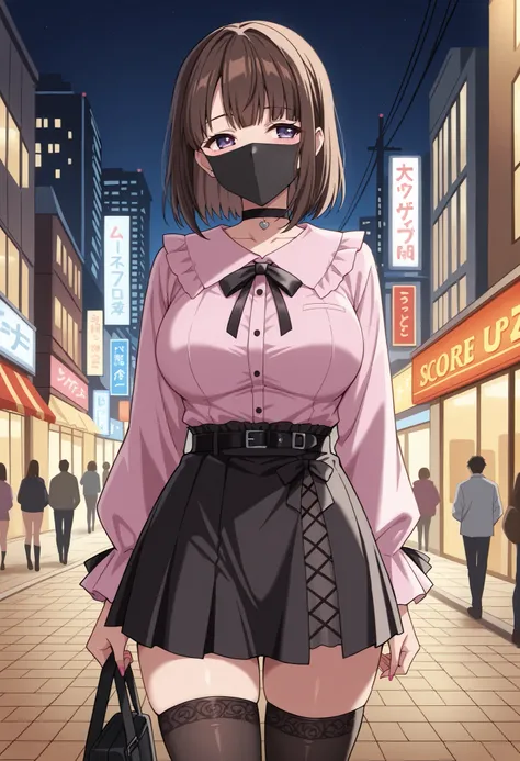 Score_9, score_8_up, score_7_up, source_anime, saionji_cnr, solo, brown hair, short hair, purple eyes, large breasts, (best quality), (high quality), {masterpiece}, extremely delicate and beautiful, ultra-detailed, beautiful detailed eyes, jirai kei, pink ...