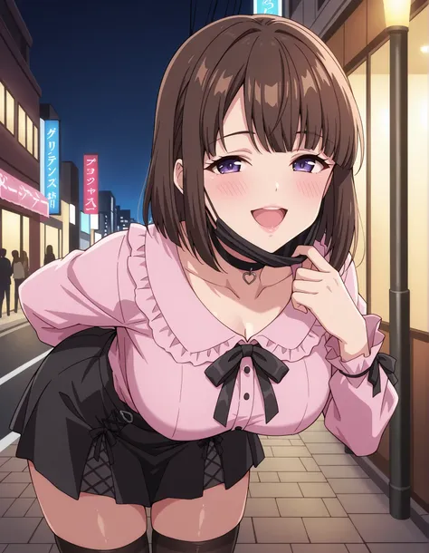 Score_9, score_8_up, score_7_up, source_anime, saionji_cnr, solo, brown hair, short hair, purple eyes, large breasts, (best quality), (high quality), {masterpiece}, extremely delicate and beautiful, ultra-detailed, beautiful detailed eyes, jirai kei, pink ...