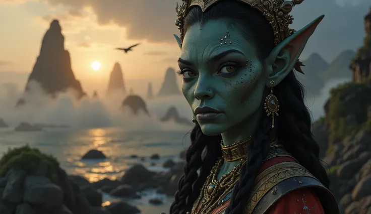 view from height,full-body-shot,obsidian The Alien Entity, half-Moana, sassiness temper,natural leather textures, hyper realisitc, hyper detailed,Extremely detailed,High contrast, ,Realistic,Ultra Detailed,intricate details,realistic humid skin,extremely i...