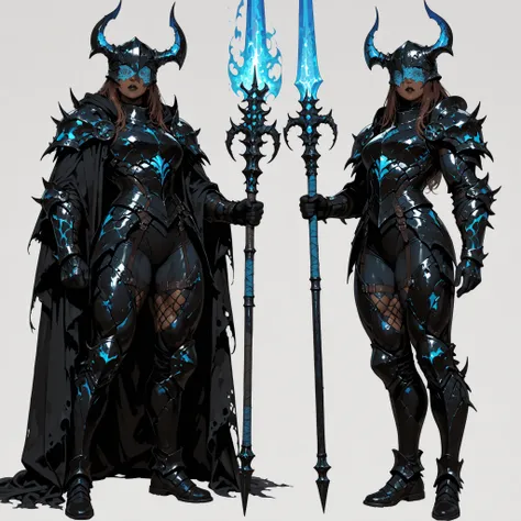 masterpiece,best quality,Ultra-detailed,multiple views,(reference sheet,character sheet),sharp edges,clear focus,full body portrait,1woman,busty black lips,brown hair,dark_skin,big muscles,muscular body,beautiful,Sexy lace blindfold,helmet with single beet...