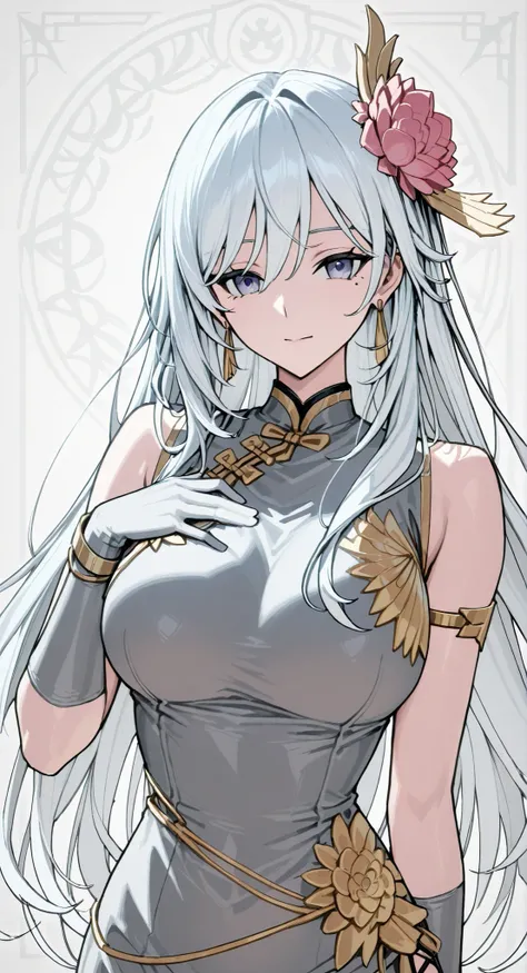 skin,Bound shoulders ,sleeveless china ,mole under eye、Armlet for left arm、bracelet for right wrist、anime girl Picture of a woman with long white hair and a flower in her hair, gray hairの deity, Anime Goddess, gray hairの, gray hairの lady, gray hair, Zodiac...