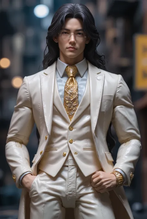 Figure collectors unite! Craft your own masterpiece with insane details and radical designs! Live Action Asian Japanese With Long Flowing Black Hair Wearing a Baggy Double-Breasted Godly Gold and White Suit and Tie that reaches the ground Over a White Dres...