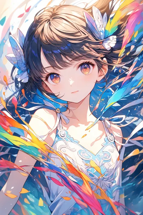 masterpiece,top quality,Super Detailed,8k,watercolor colorful upper body lift One Piece girls 灰色の髪 light ribbon pop, (flat chest:0.8)
