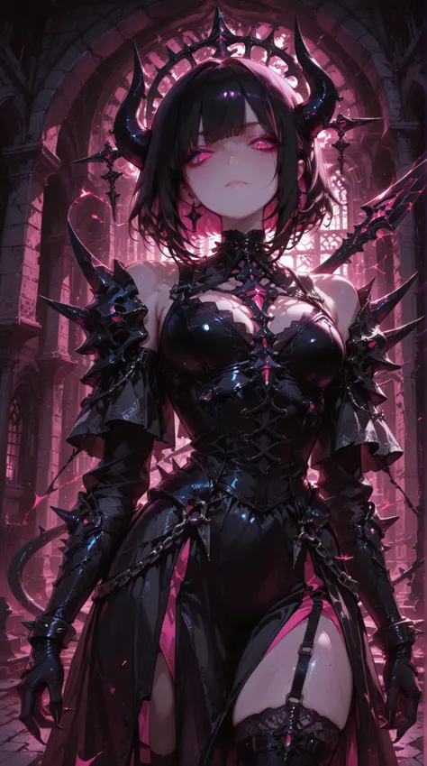 1girl, solo, girl is tall, girl has layered black medium hair cut, girl has pink eyes, girl has black sexy warrior dress, girl has black spikes coming from her shoulder, girl has black crystal sharp shaped hands with pink tips, girl has medium breasts, gir...