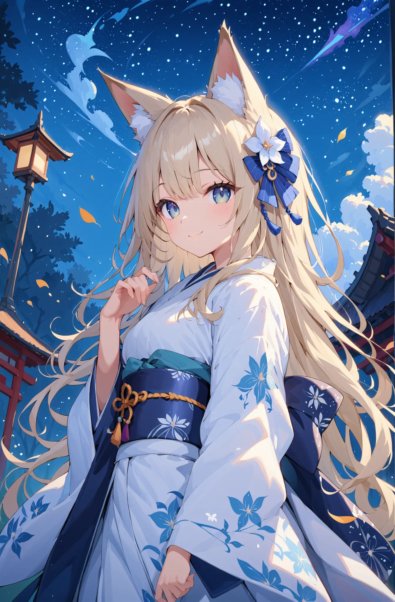masterpiece、concept art、(very detailed)、 (((masterpiece、top quality))) 、Girl 1、night、starry sky、Moonlight:1.2、(fox ear、platinum blonde、long hair、 kimono)、( A soft smile ) 、Standing picture