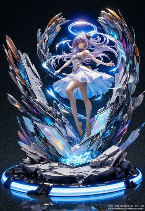 anime  figurine, dynamic levitating pose, intricate mechanical gear background, flowing translucent crystal skirt with light refraction, porcelain skin texture with pearlescent coating, 8K resin material details, neon halo illumination, futuristic ruins diorama, micro holographic projections, Tyndall effect through clear parts, hyper-detailed facial sculpture, iridescent gradient hair strands, floating drone weapons system, acrylic base with holographic plaque, diamond stardust particles, liquid metal reflection treatment, nano-scale engraving details