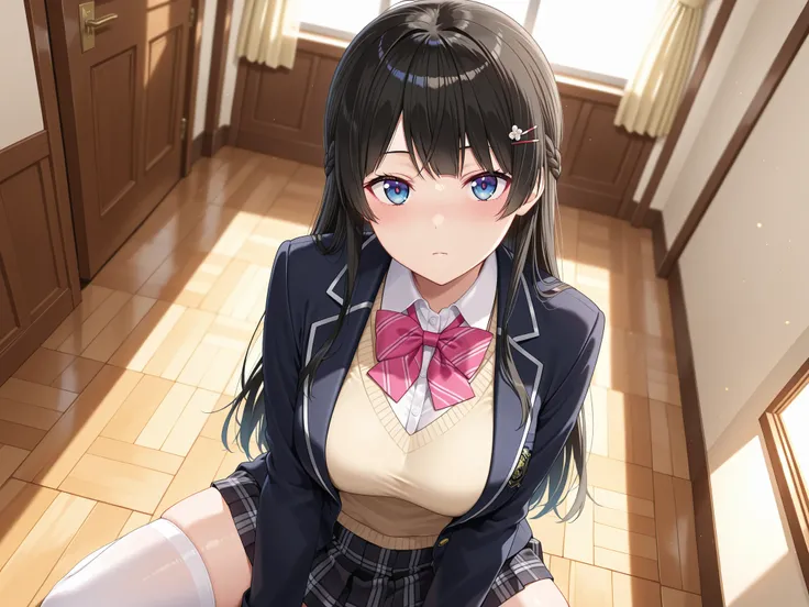 solo,masterpiece,best quality, amazing quality, highres, absurdres, very aesthetic, high resolution, ultra detailed, perfect details,nijimito,medium breasts,blue eyes,black hair,long hair,french braid,hair pin,nijimitocos,white shirt,pink bowtie,sweater,bl...