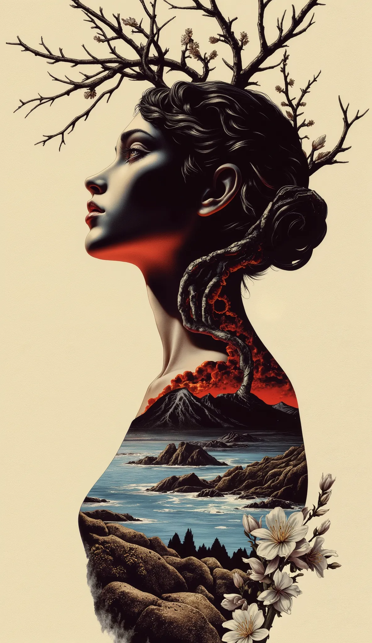 high quality, 8K Ultra HD, A beautiful double exposure that combines an goddess silhouette with sunset coast, sunset coast should serve as the underlying backdrop, with its details incorporated into the goddess , crisp lines, The background is monochrome, ...