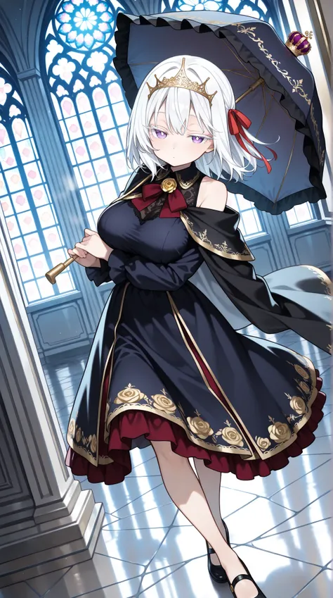 ornate gothic cathedral interior, stained glass windows, marble floor, soft ambient light, romantic yet somber mood, dutch angle, looking at viewer, (solo, 1girl, white hair, medium hair, tactile hair, left side hair ribbon, red ribbon, habitual hair, purp...