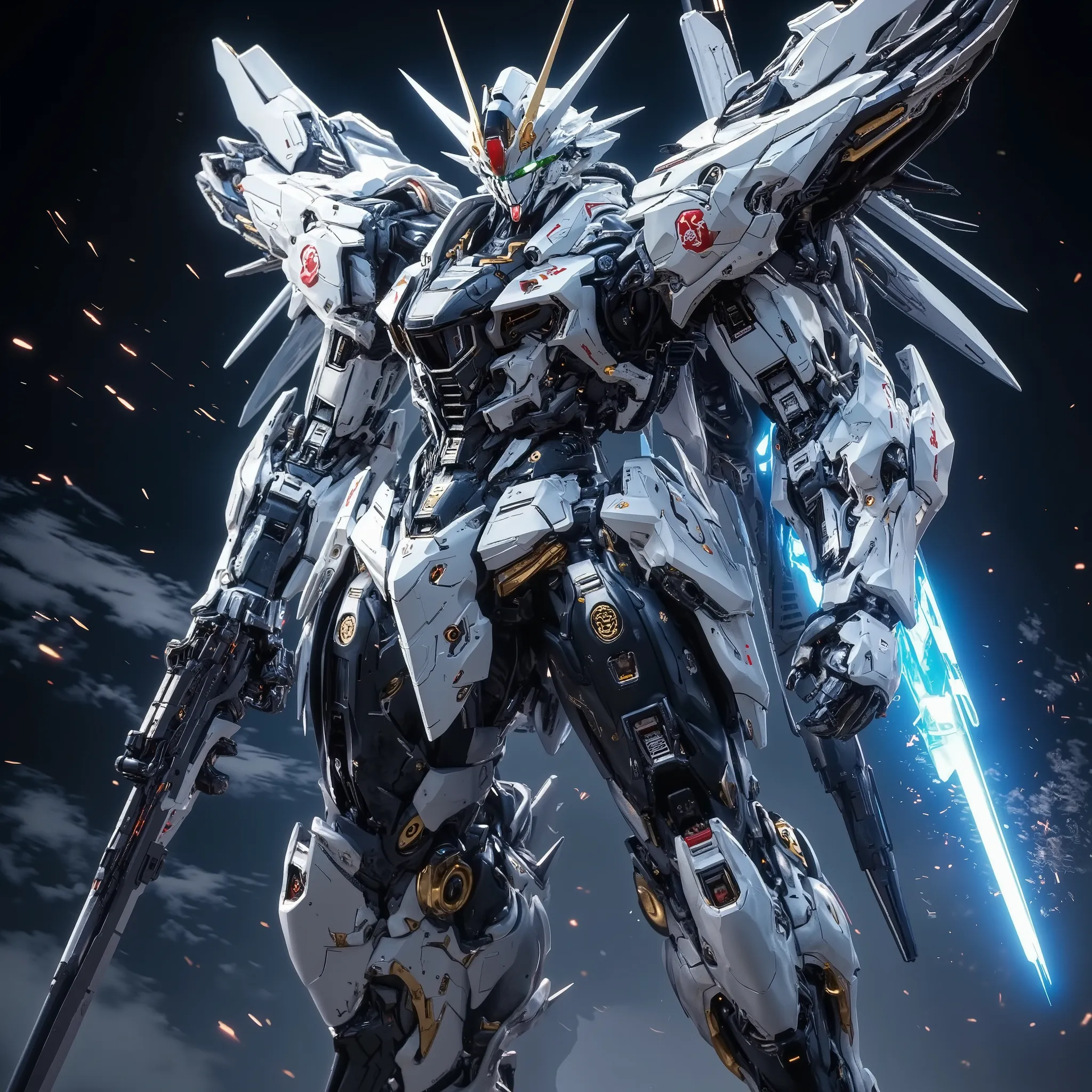 フリーダムガンダムのようなロボットのFull Bodyショット,Full Body,high-resolution photorealistic３D rendering style ,hyperrealism art,mechanical details of Freedom Gundam's face, ４white antenna ,V-shaped fins, green_lens flare from shining dual eyes, Mechanical Wing,Precise glossy...