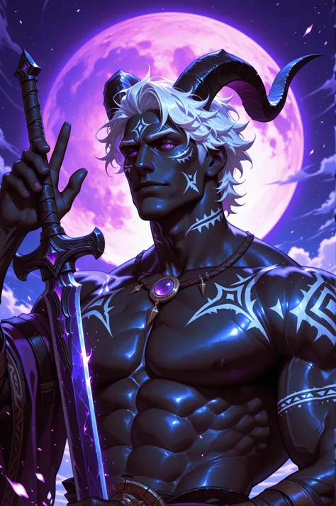 1boy,solo,flora_humanoid, male, black skin, short hair, neatly combed hair, white hair, purple eyes, tribal markings on his cheeks, luminescence,Large pectoral muscles,A huge purple moon,(The crooked horns of the devil-goat:1.5), Holding a sword in one's h...