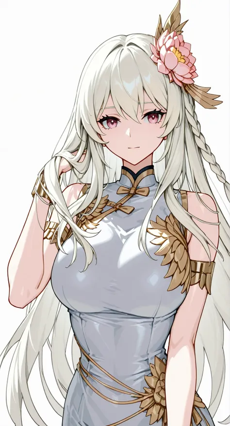 anime girl  long platinum blonde  and a flower in her hair, platinum blonde deity, Anime Goddess, platinum blonde, platinum blondelady, gray hair, Zodiac knight portrait girl, Haise Jinyao, Genshin、Keking,  Full Body Senxia , Female Anime Characters Who Co...