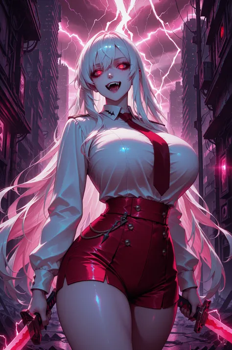 long white hair, vampire, glowing red eyes, uniform, white shirt, tie, red shorts, holding sword, 1girl, solo, vampire fangs, huge breasts, ruined futuristic city, dystopia, lightning storm, pink lighting, volumetric lighting, cinematic lighting, masterpi...