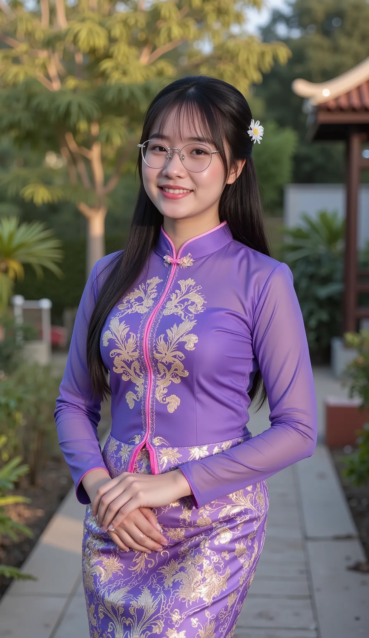 Photorealistic 8K full-length portrait of a beautiful 20-year-old Southeast Asian woman with Myanmar facial features, fair glowing skin, round face, cute serene expression, large sparkling eyes, soft radiant smile. Long straight black hair flows naturally,...