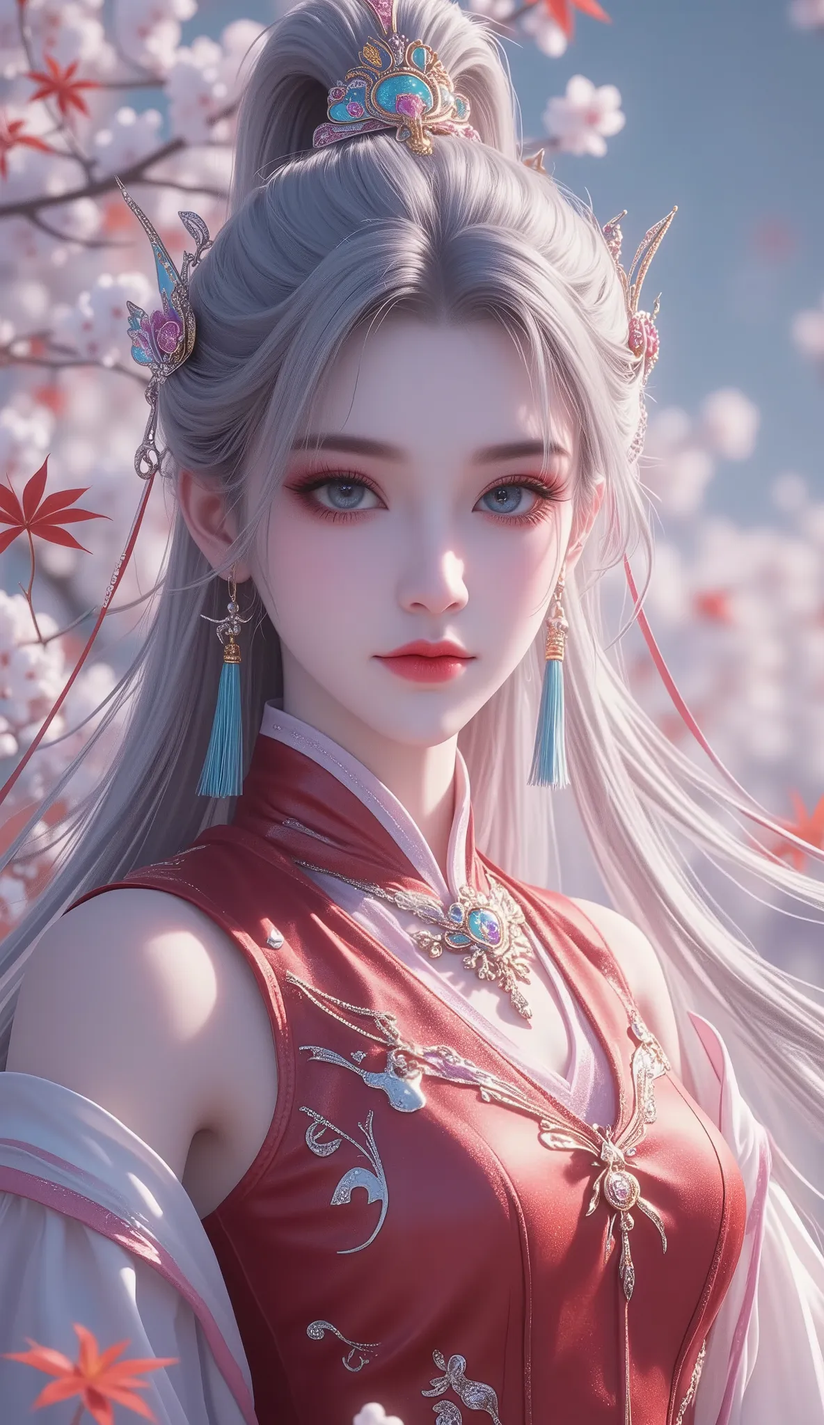 Chinese Fairy Tales character, extremely details, high detailed face, mature woman, extremely busty, cool beauty, living expressions, (cold gaze, cold eyes, aqua eyes), expressionless, (gray hair), highlight, high ponytail, shiny silky, Hime cut, long hair...