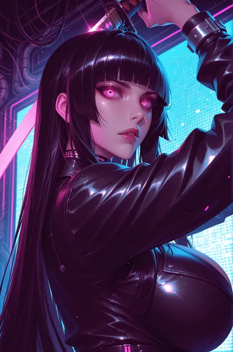 masterpiece, best quality, good quality, absurdres, highres, cyber punk,
BREAK
1girl, Face Focus, Side Angle, upper body, black hime cut, (magenta eyes), holding Katana pose,dynamic angle, huge breasts
BREAK
Backlight, one side light, cybernetic digital b...