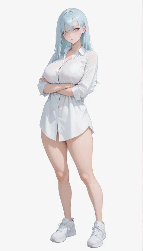 Create an image of a stylized anime character. The character has long, straight, light blue hair and sharp gray eyes. They are standing confidently with their arms crossed, wearing a loose white button-down shirt, no pants. Big breasts, slim waist, big but...