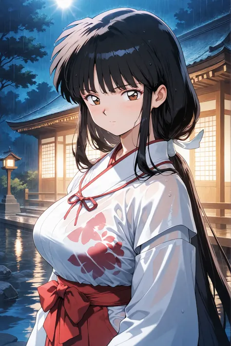 inuyasha, anime, anime_style,
kikyoinu, kikyou, black hair, brown eyes,
hair ribbon, long hair, blunt bangs, sidelocks, low ponytail,
very long hair, blunt bangs, sidelocks, hime cut,

Night, serious, shrine maiden outfit, shrine maiden, red skirt, wet clo...