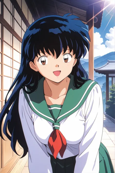 inuyasha, anime, anime_style,
kagome higurashi, long hair, black hair, retro artstyle, brown eyes,
skirt, shirt, long sleeves, school uniform, white shirt, pleated skirt, serafuku, sailor collar, neckerchief, green skirt, red neckerchief, Japanese resident...