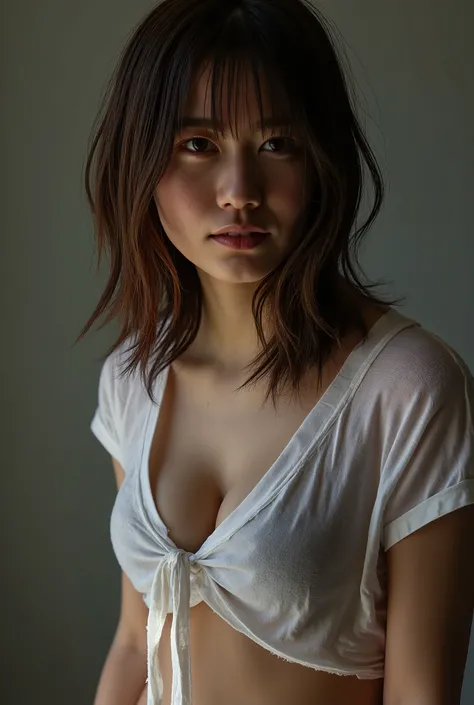 The Victims 、disheveled hair、One breast exposed、(ripped and ragged t-shirts)、It's torn、t-shirt with holes、torn t-shirt、tie side bikini lingerie(gray)、navel、anatomically accurate,  Details Hand  ,  Thin fingers ,  perfect hand、Ultra high resolution、she blus...