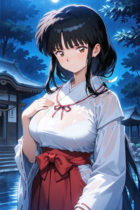 inuyasha, anime, anime_style,
kikyoinu, kikyou, black hair, brown eyes,
hair ribbon, long hair, blunt bangs, sidelocks, low ponytail,
very long hair, blunt bangs, sidelocks, hime cut,

Night, serious, shrine maiden outfit, shrine maiden, red skirt, wet clo...