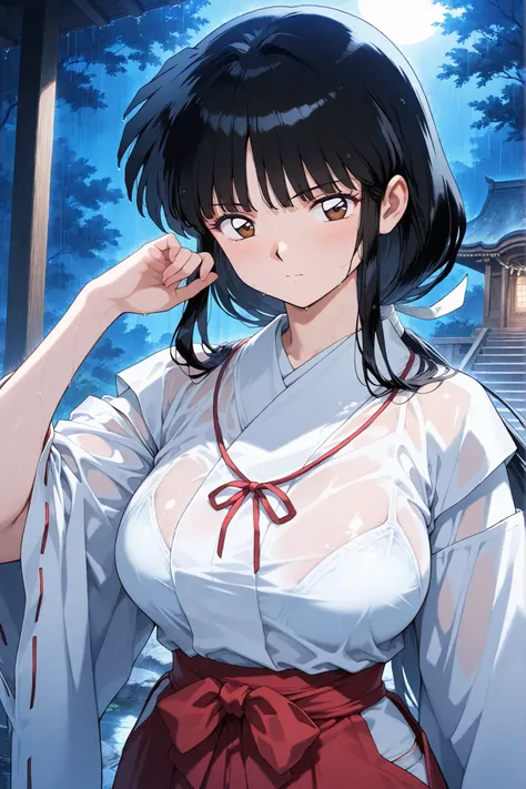inuyasha, anime, anime_style,
kikyoinu, kikyou, black hair, brown eyes,
hair ribbon, long hair, blunt bangs, sidelocks, low ponytail,
very long hair, blunt bangs, sidelocks, hime cut,

Night, serious, shrine maiden outfit, shrine maiden, red skirt, wet clo...