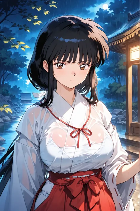 inuyasha, anime, anime_style,
kikyoinu, kikyou, black hair, brown eyes,
hair ribbon, long hair, blunt bangs, sidelocks, low ponytail,
very long hair, blunt bangs, sidelocks, hime cut,

Night, serious, shrine maiden outfit, shrine maiden, red skirt, wet clo...