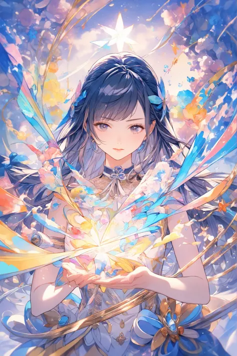 masterpiece,top quality,Super Detailed,8k,watercolor colorful upper body lift One Piece girls 灰色の髪 light ribbon pop, (flat chest:0.8)