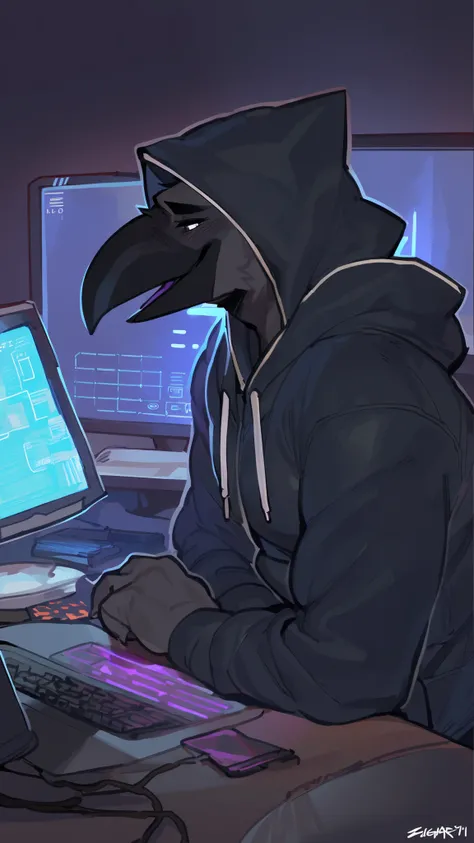 crow man, full body, solo, (lean, black feathers, black crow beak, wide soulders, croptop hoodie, deep v neck hoodie):1.3), masculine face, masterpiece, dark eyes, masculine face, masculine attitude, solo, great lighting, by bebebebe, by ZIXiong, by zackar...
