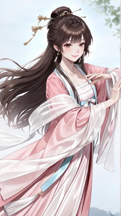 very aesthetic, 걸작, 고해상도, 8k 해상도, high contrast, semrealistic, newest, koreanai, best_quality, finely_detailed_eyes_and_detailed_face, (1 girl), brown_eyes, brown_hair, long_hair, chill out, cute, (updo_hair, slicked_side), ruanyi0758,hanfu,pink dress,see-...