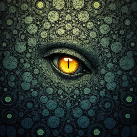 A small single yellow snake eye on an abstract background, the snake scales around the eyes taper out into an intricate abstract salamander pattern 