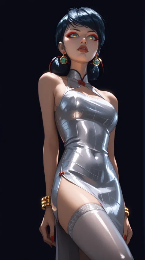 Metallic liquid silver latex Chinese Dress with open chest,   Thick lips、depression、20 years old、woman、Long skirt、 red cheeks 、 dark lips、 long straight black hair、 dark background、chocker,   gold bracelet,      elegant,   sexy,   striking,   charismatic, ...