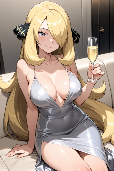 high resolution image, masterpiece, the best quality, amazing quality, official art, Alone , 1 girl, Cynthia from Pokemon , 1 girl, Cynthia \( Pokemon \), blond hair, hair over one eye, very long hair, gray eyes, tabs, hair ornament, grey eyes, large breas...