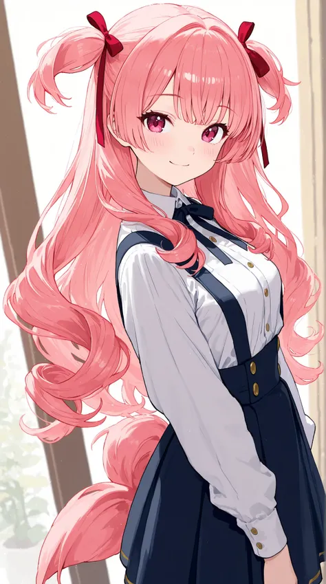 womanhood, Smiling, wave short twin tail hair, ribbon, suspender skirt, 